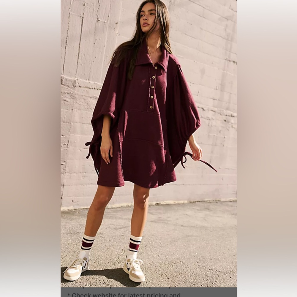 Free People Natalie Pullover Adjustable Tie Sleeves Oversize Wine